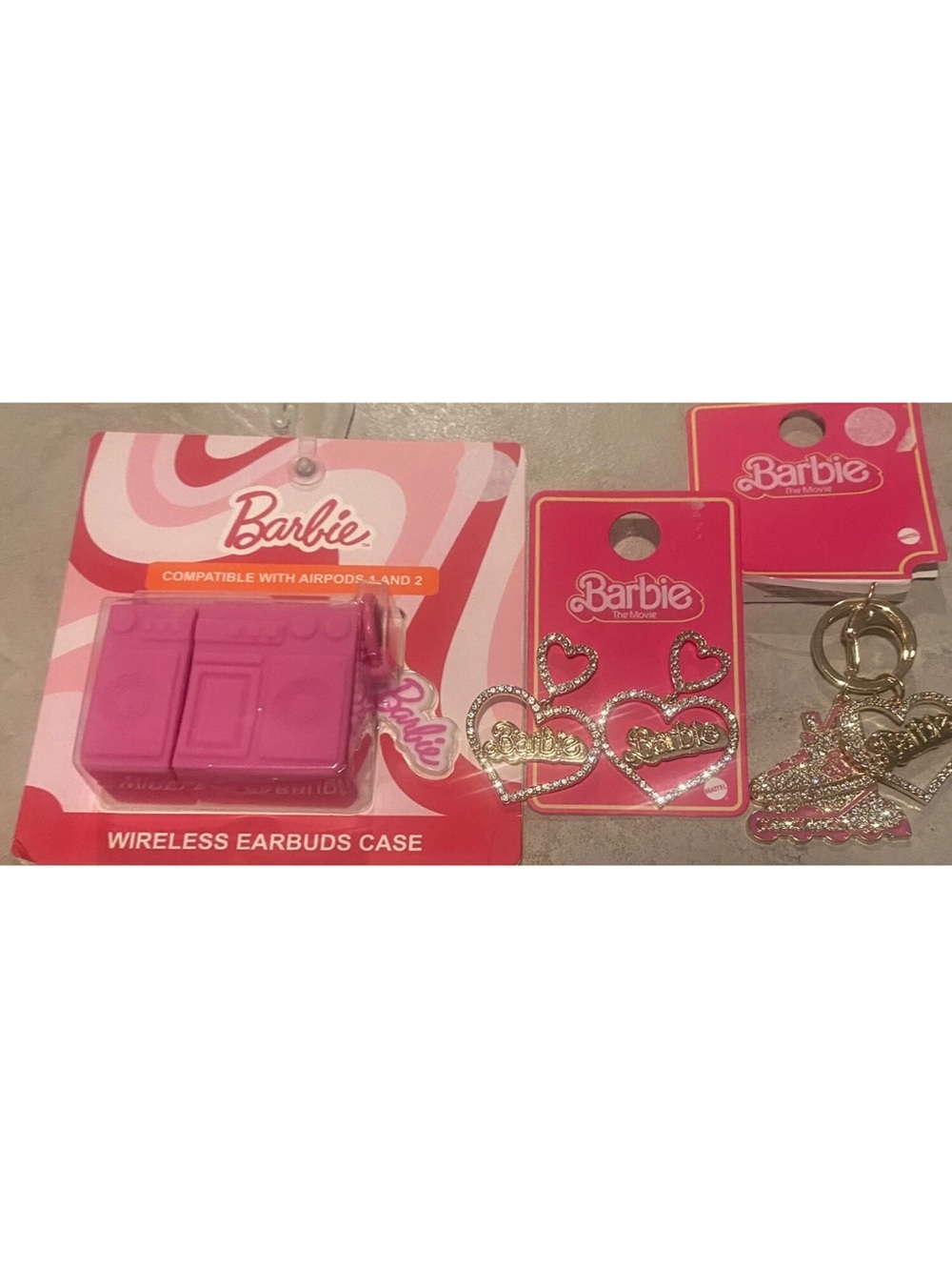 Barbie The Movie X Primark Heart Logo Drop Earrings, Keychain And Earbud Case